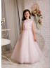 Pearl Neck Blush Pink Satin Tulle Ankle Length Flower Girl Dress